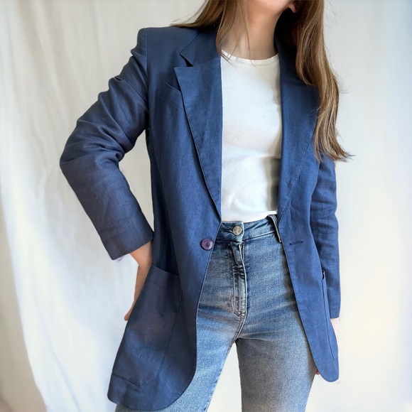 Vintage Jackets & Blazers - Vintage Ann Taylor Studio Blue 100% Linen Single Button Blazer Jacket